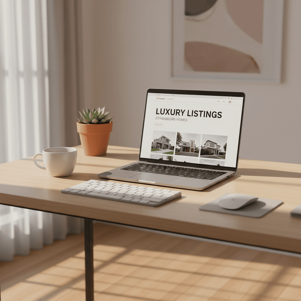 modern minimalist real estate website on a laptop screen, clean white layout with grid spacing