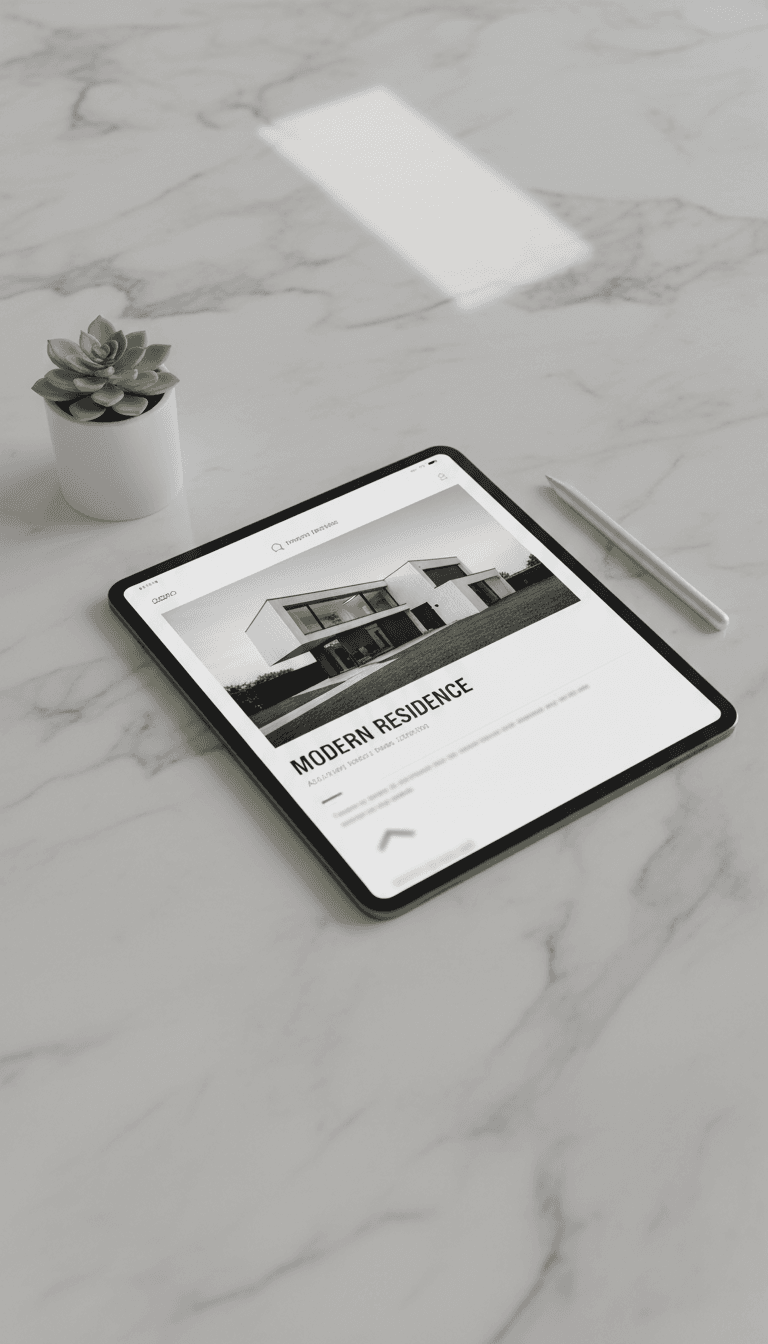 Tablet on a counter showing a property detail page with a hero image