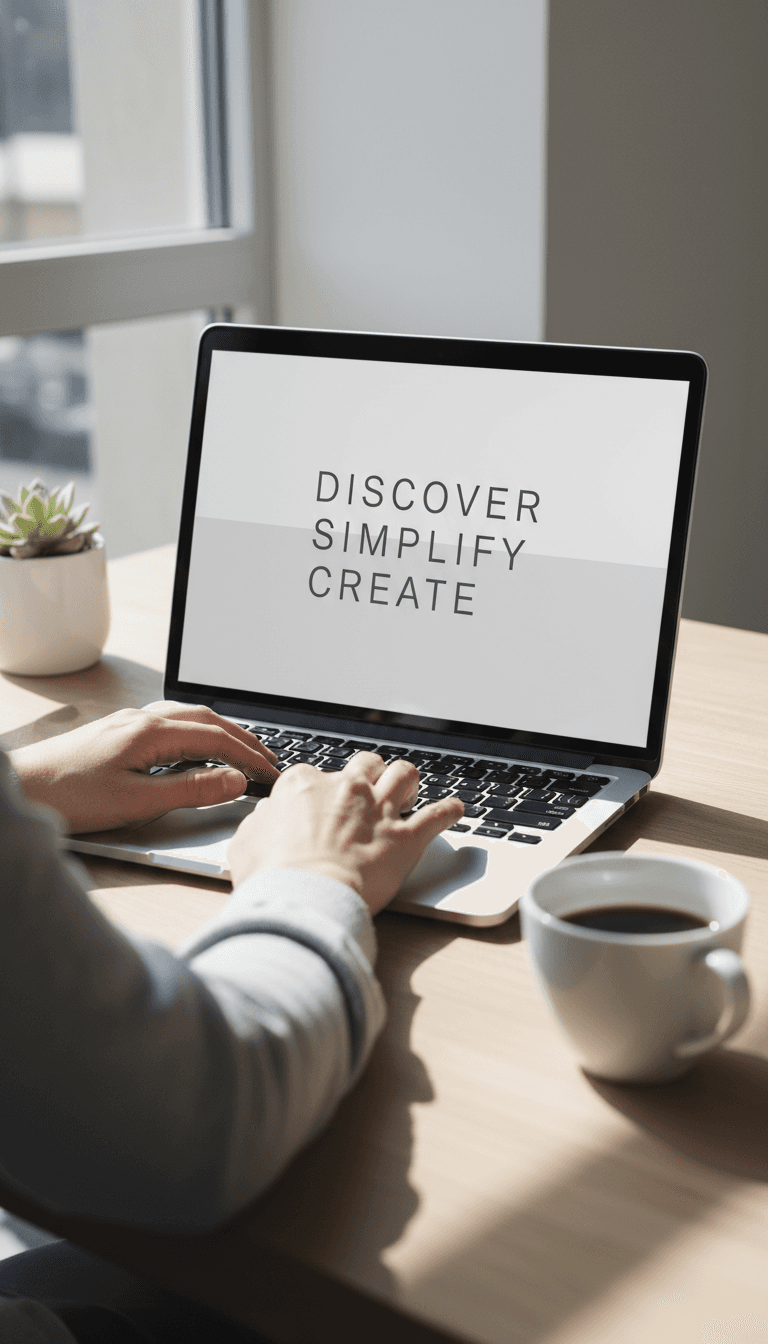 Laptop screen showing a minimal website design with hands on keyboard