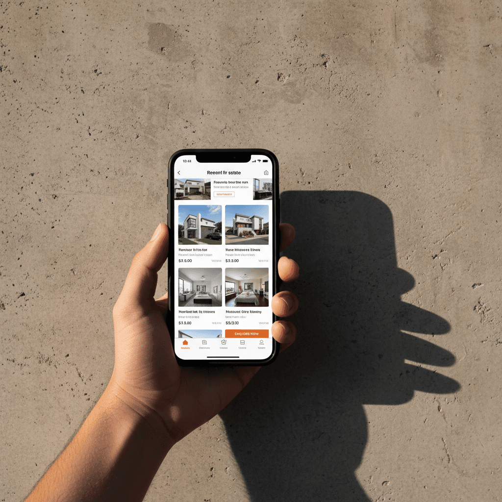 vertical property listing scrolling on a smartphone screen with clean minimalist design