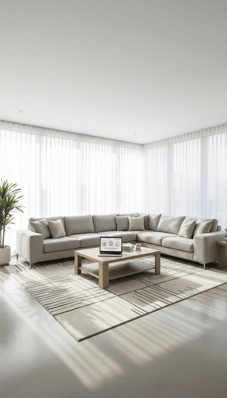 Staged living room with laptop showing a real estate website on the coffee table