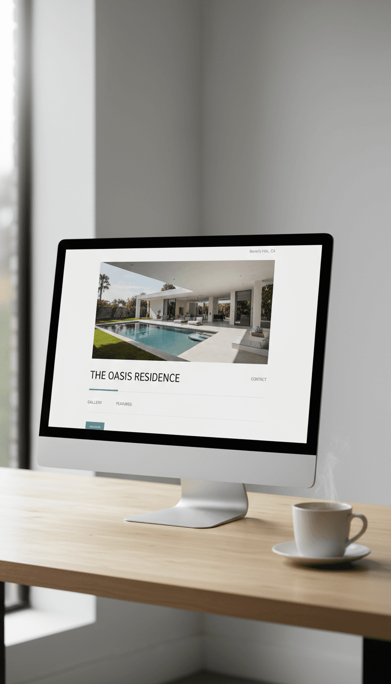 Desktop monitor displaying a real estate website with a property image and clean layout