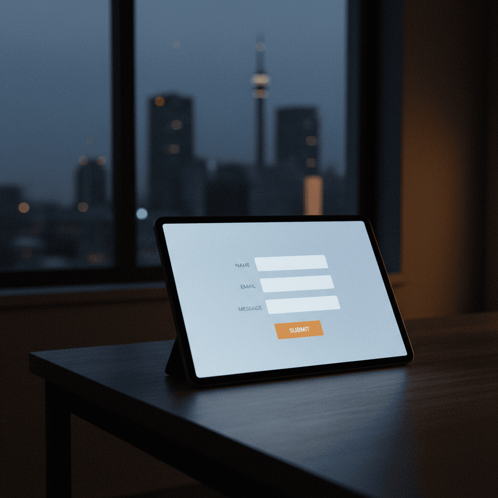 digital contact form on tablet with rose gold accent button and city view background