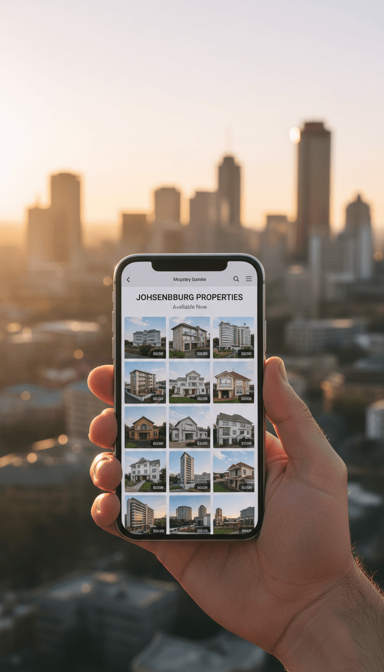 Smartphone screen showing a property gallery with multiple listing thumbnails