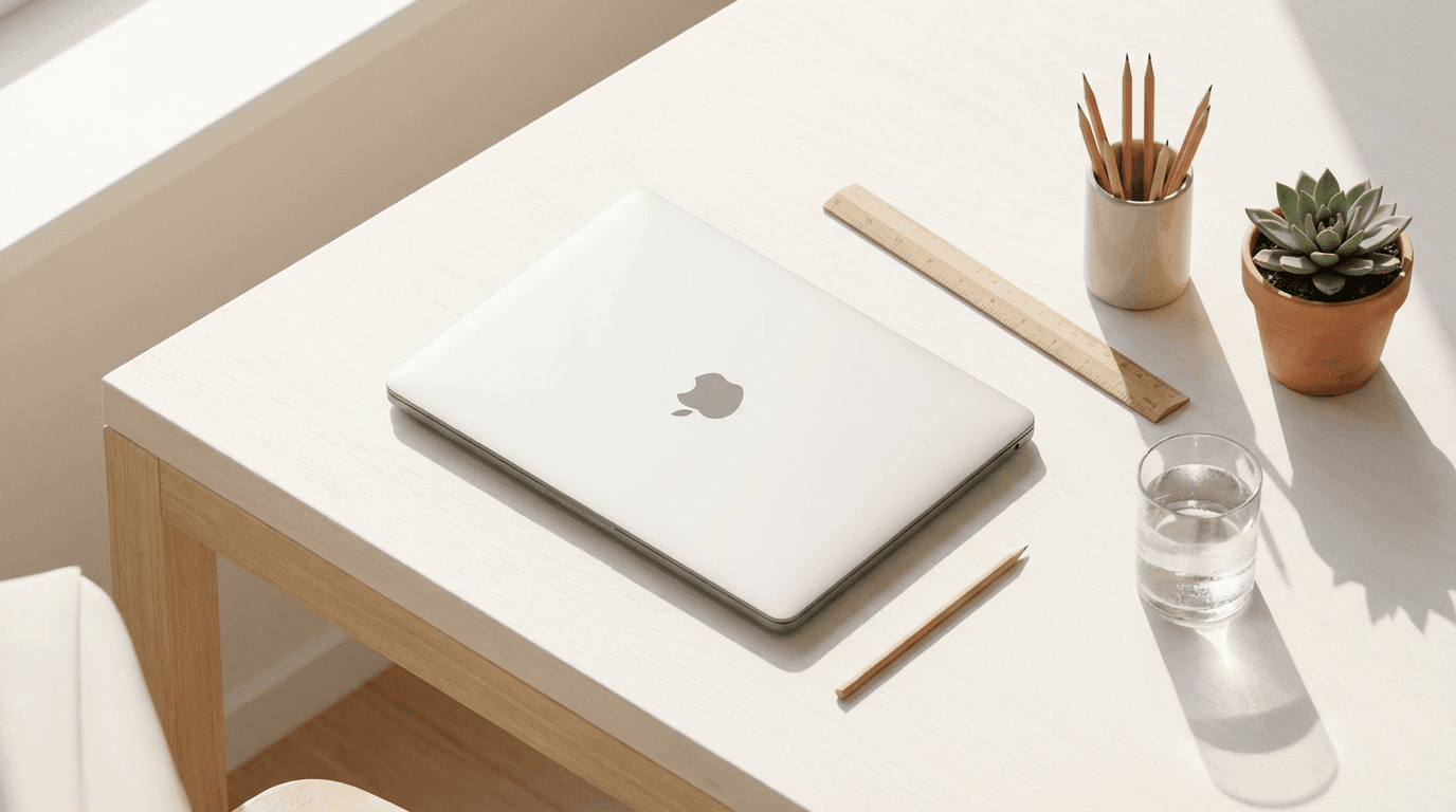 Laptop with minimalist website design on screen in a clean workspace