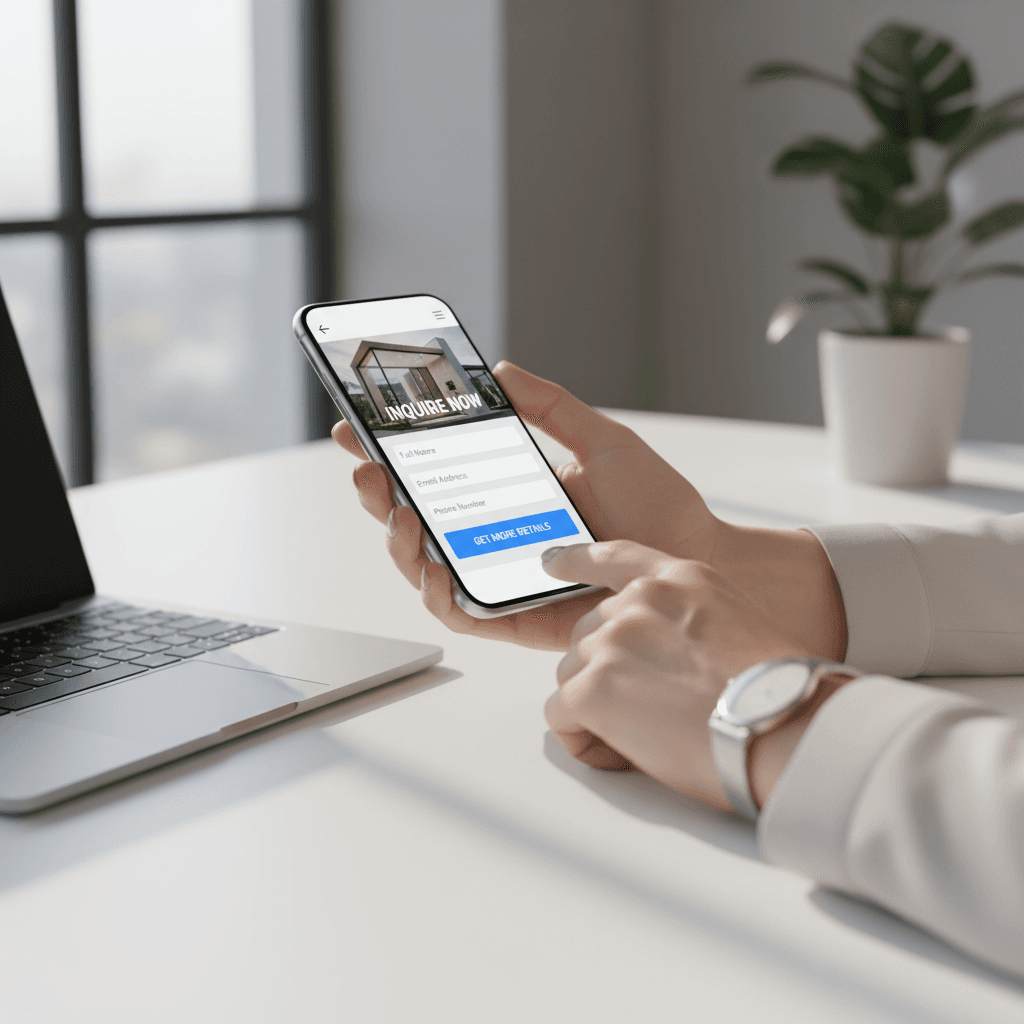 Medium shot of a hand scrolling through an agent website on a phone outdoors