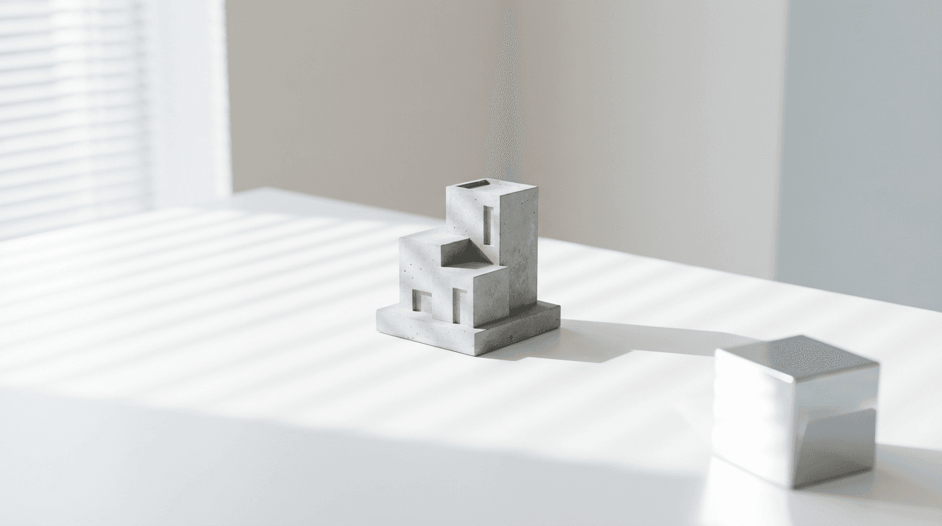 Wide shot of a minimalist real estate website on a desktop monitor in a modern office
