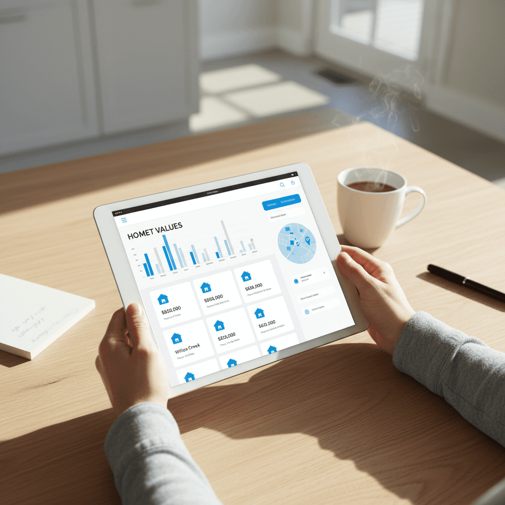 Tablet on a coffee table showing a real estate website