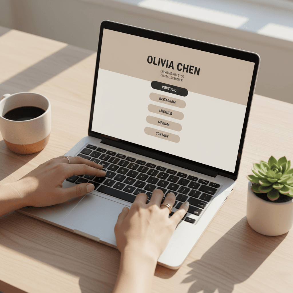 Laptop open on a clean desk, showing a minimalist real estate website mockup, with soft natural light and a calm modern workspace