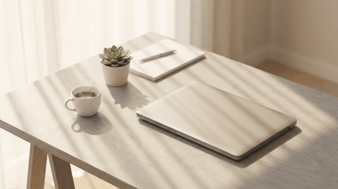 Minimalist desk with laptop and coffee in a bright home office