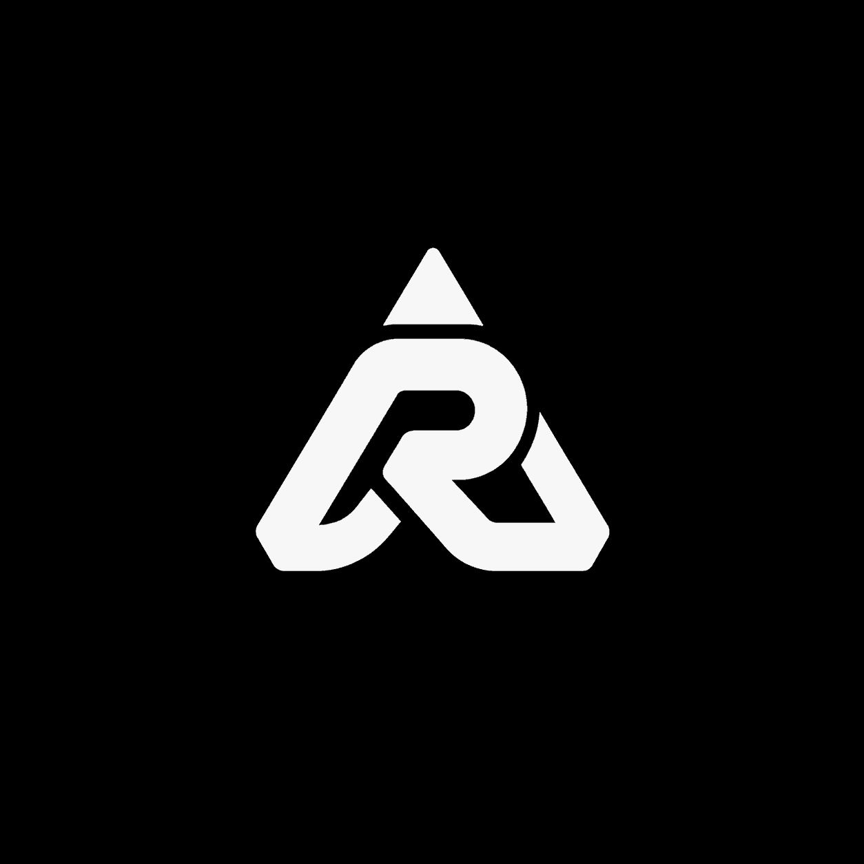 Minimalist white logo featuring stylized letters A and R intertwined in a triangle on black.